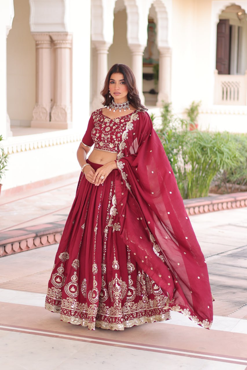 Pretty Maroon Vichitra Silk Thread Work Lehenga Choli