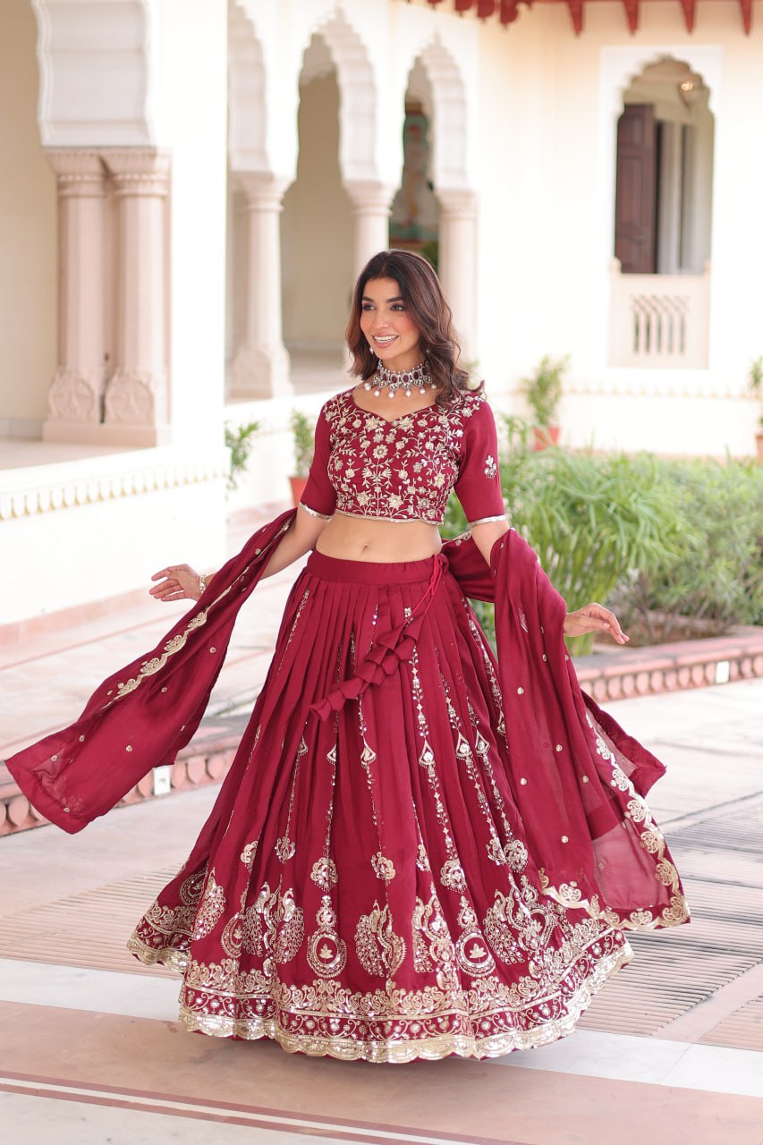 Pretty Maroon Vichitra Silk Thread Work Lehenga Choli