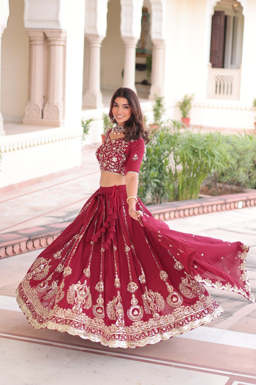 Pretty Maroon Vichitra Silk Thread Work Lehenga Choli