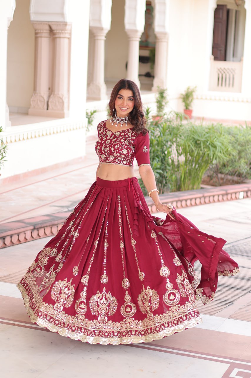 Pretty Maroon Vichitra Silk Thread Work Lehenga Choli