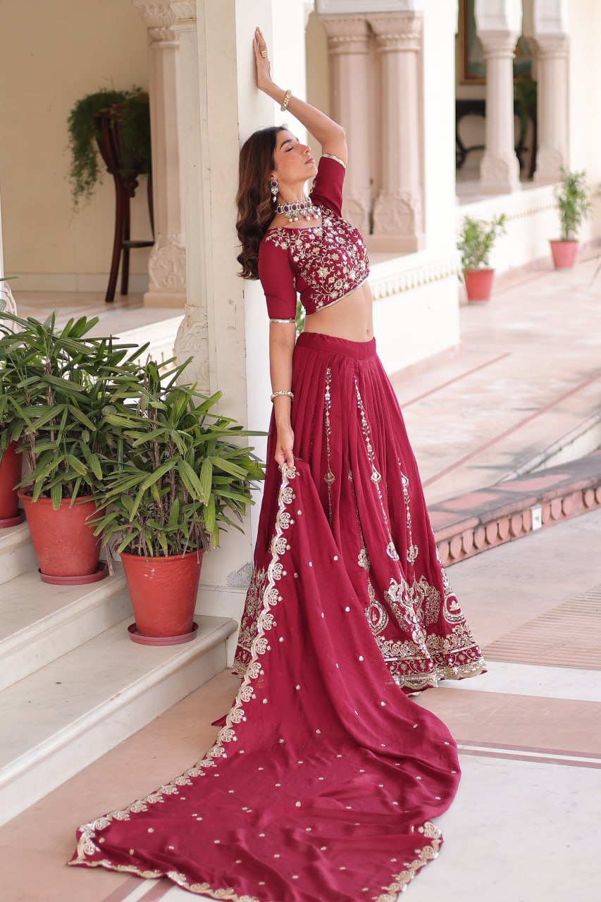 Pretty Maroon Vichitra Silk Thread Work Lehenga Choli