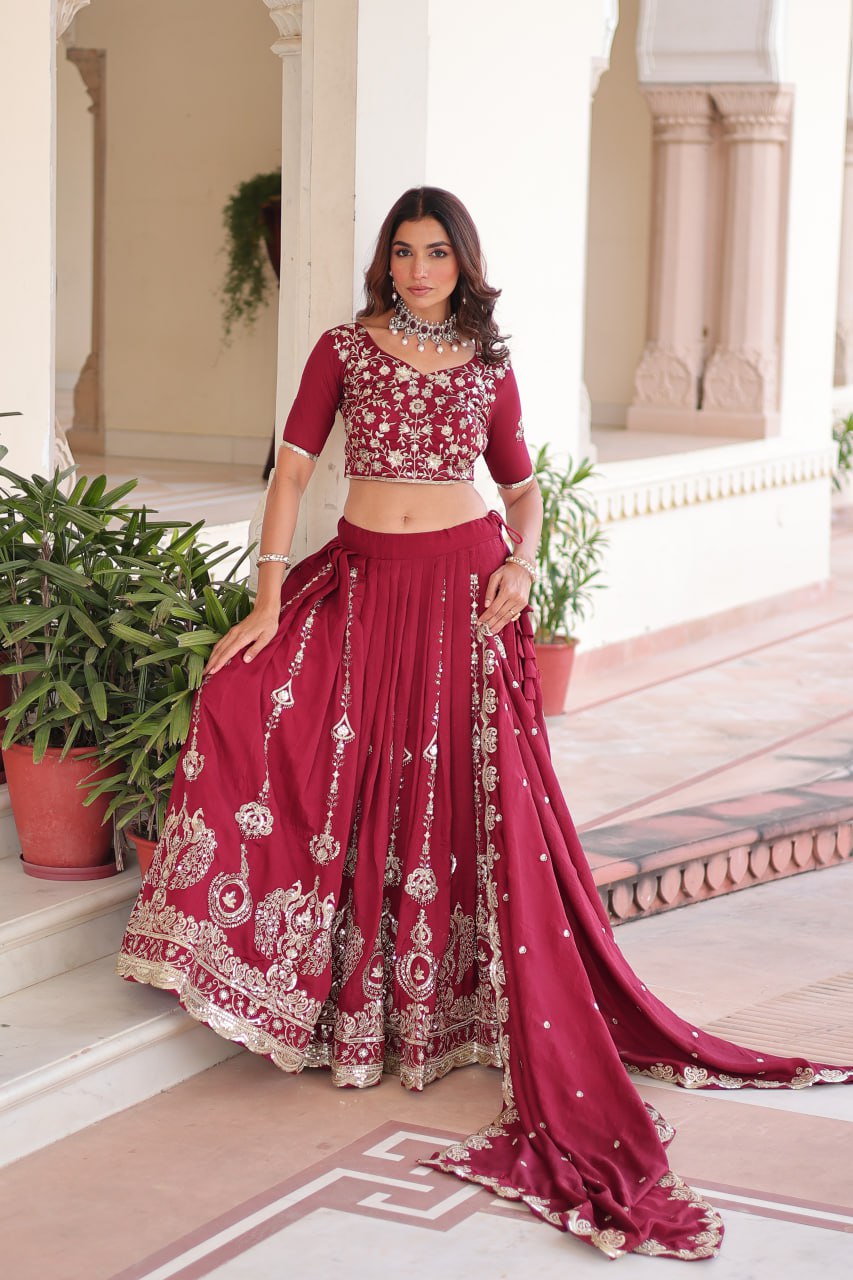 Pretty Maroon Vichitra Silk Thread Work Lehenga Choli