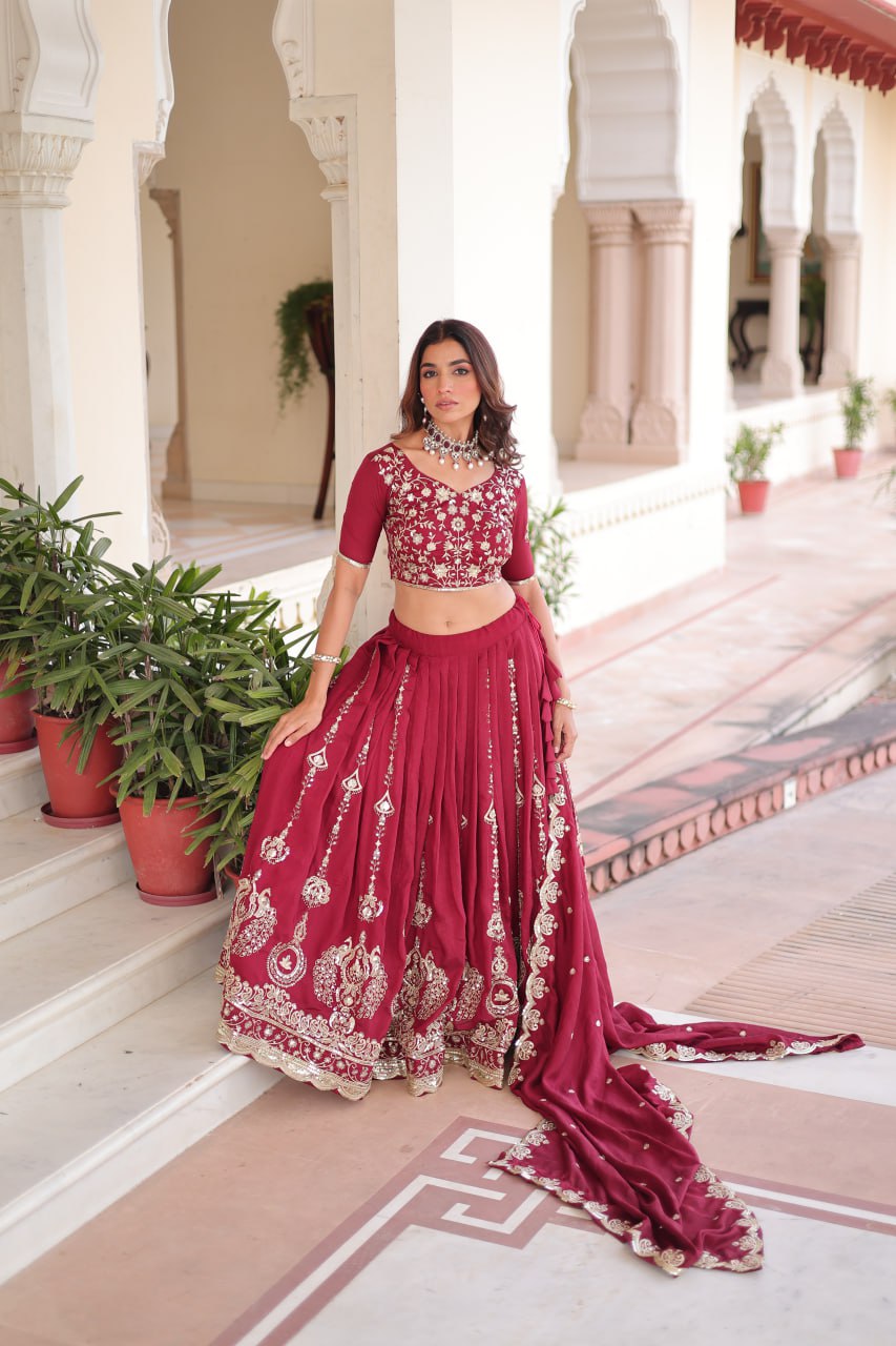 Pretty Maroon Vichitra Silk Thread Work Lehenga Choli