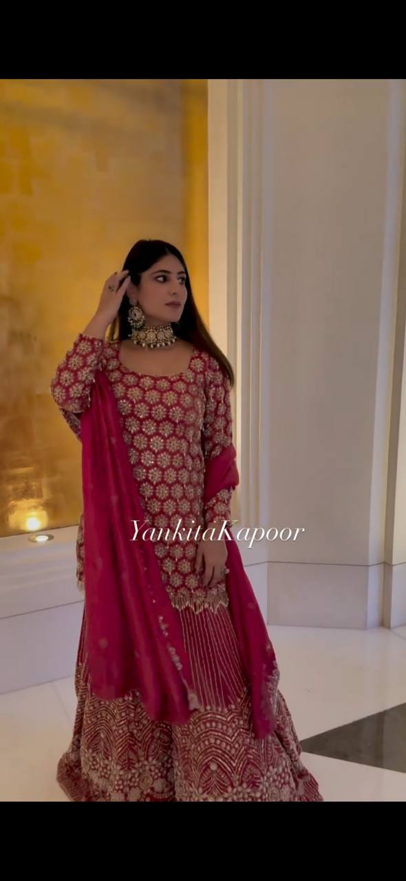 Stylish Red Georgette Sequence Work Sharara Suit