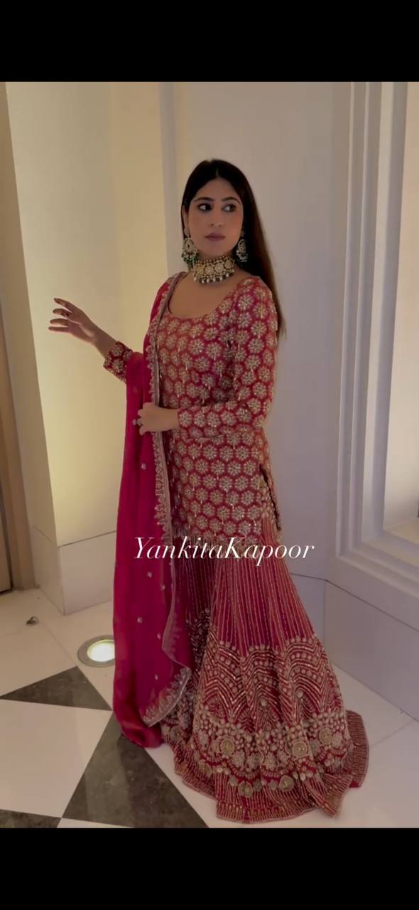 Stylish Red Georgette Sequence Work Sharara Suit