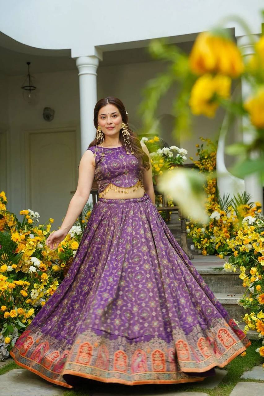 Designer Purple Organza Digital Printed Lehenga
