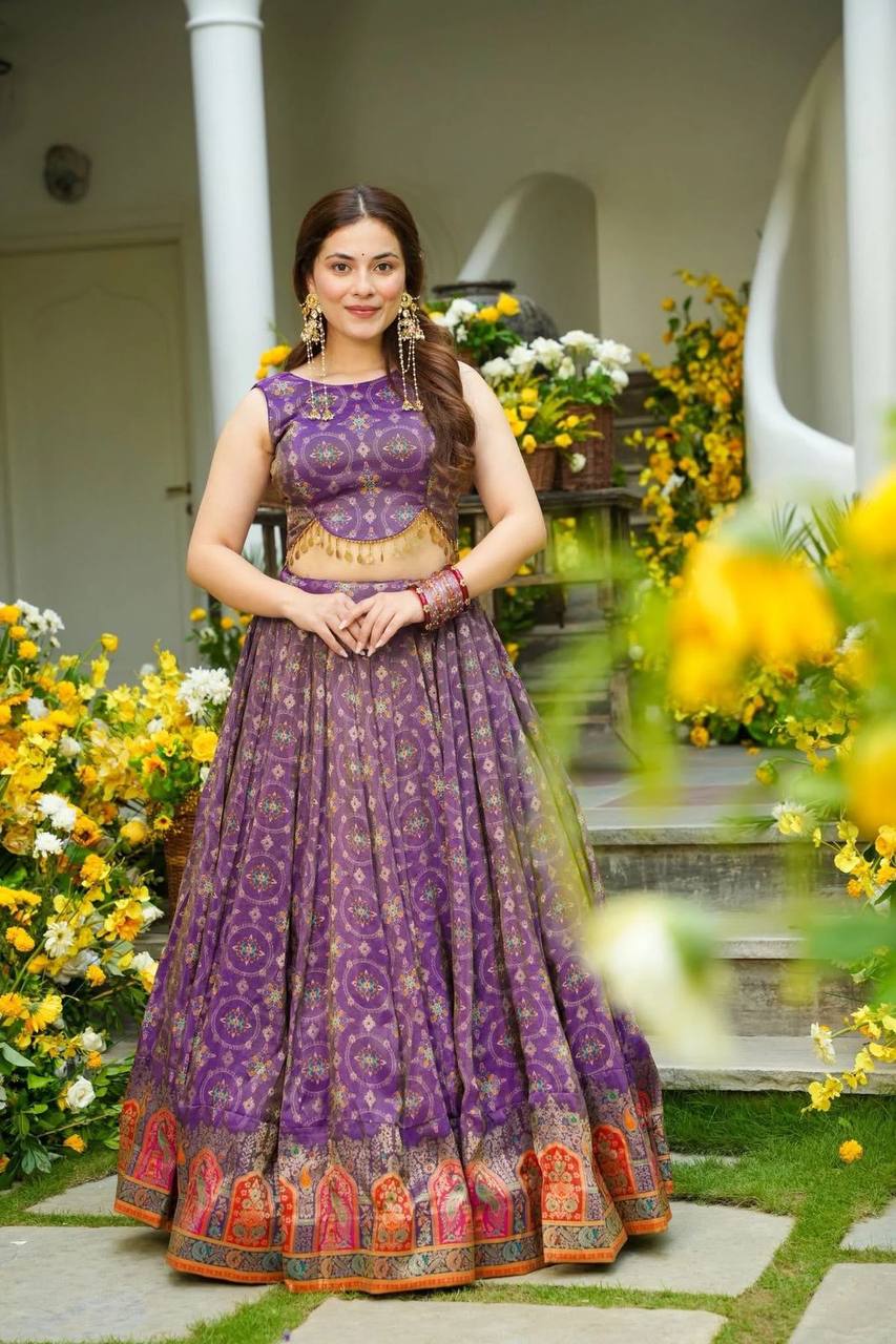 Designer Purple Organza Digital Printed Lehenga