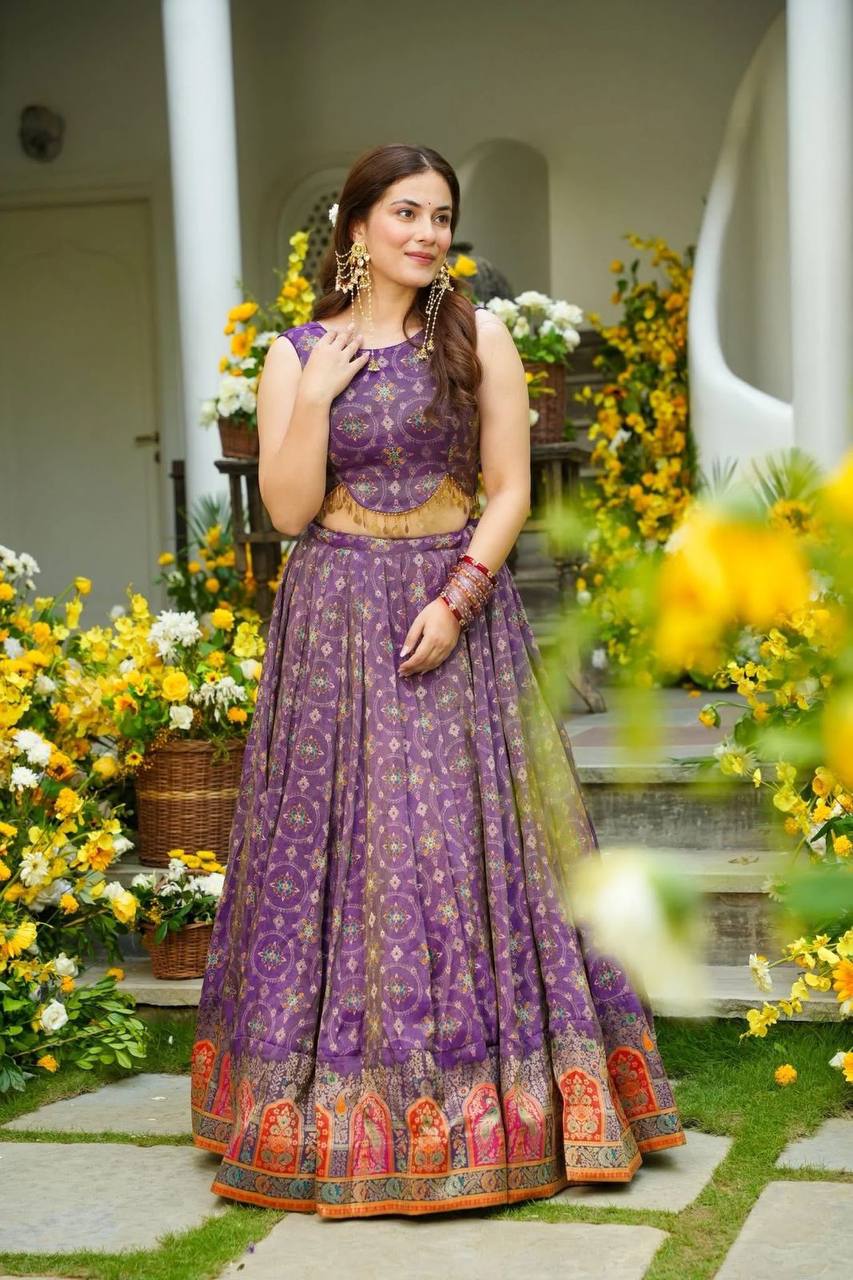 Designer Purple Organza Digital Printed Lehenga