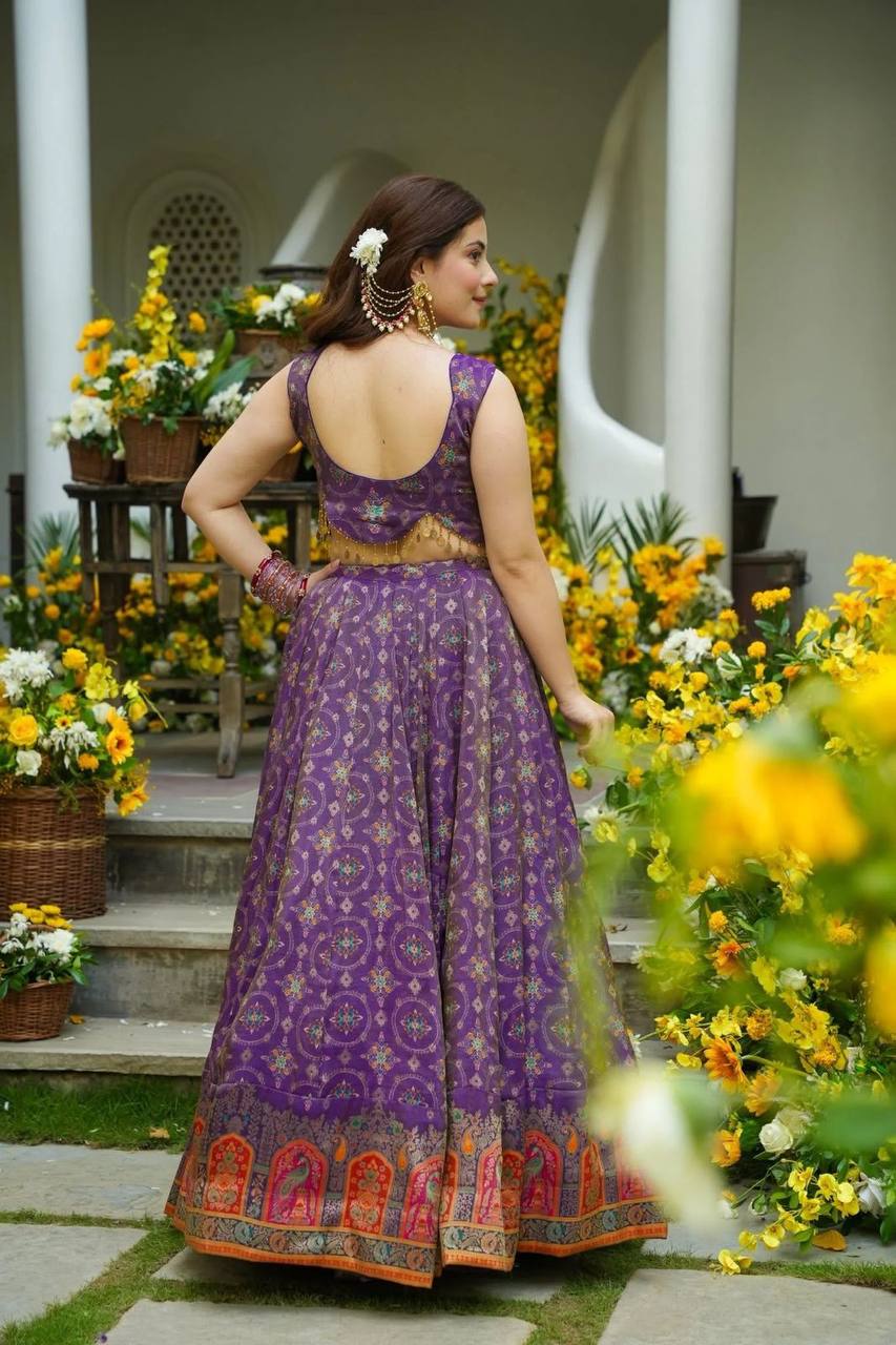 Designer Purple Organza Digital Printed Lehenga