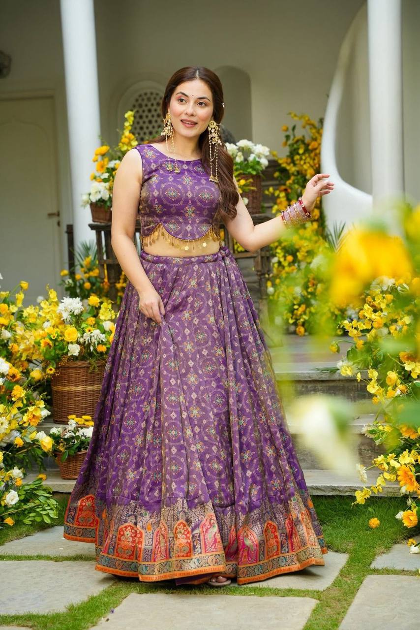 Designer Purple Organza Digital Printed Lehenga