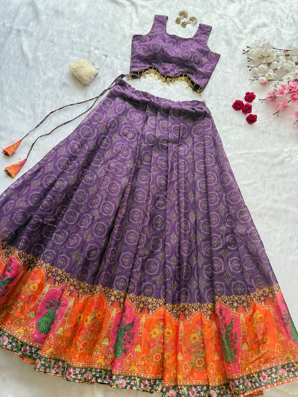Designer Purple Organza Digital Printed Lehenga