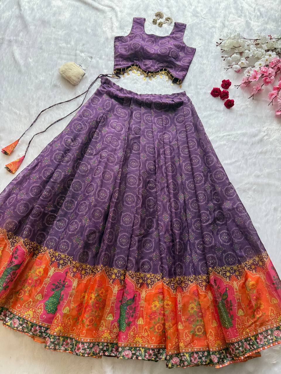 Designer Purple Organza Digital Printed Lehenga
