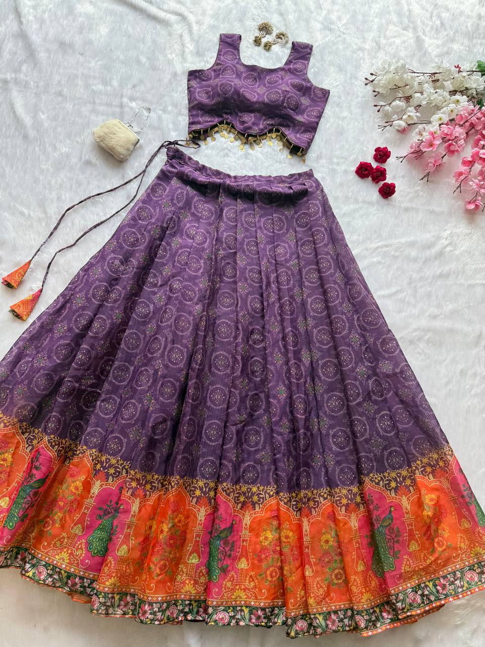 Designer Purple Organza Digital Printed Lehenga