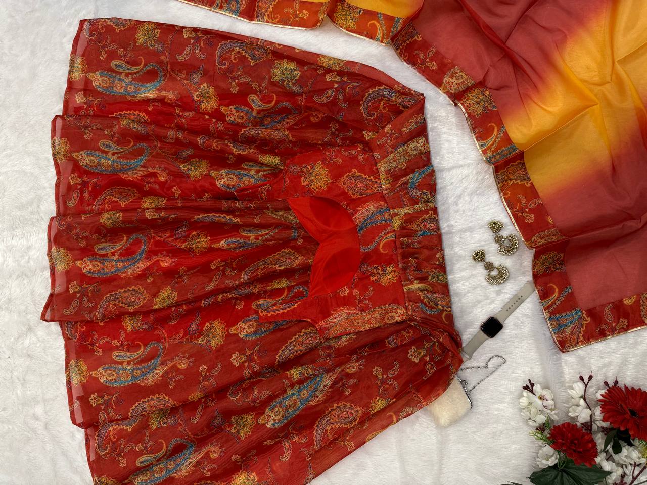 Classy Red Organza Digital Printed Anarkali Gown