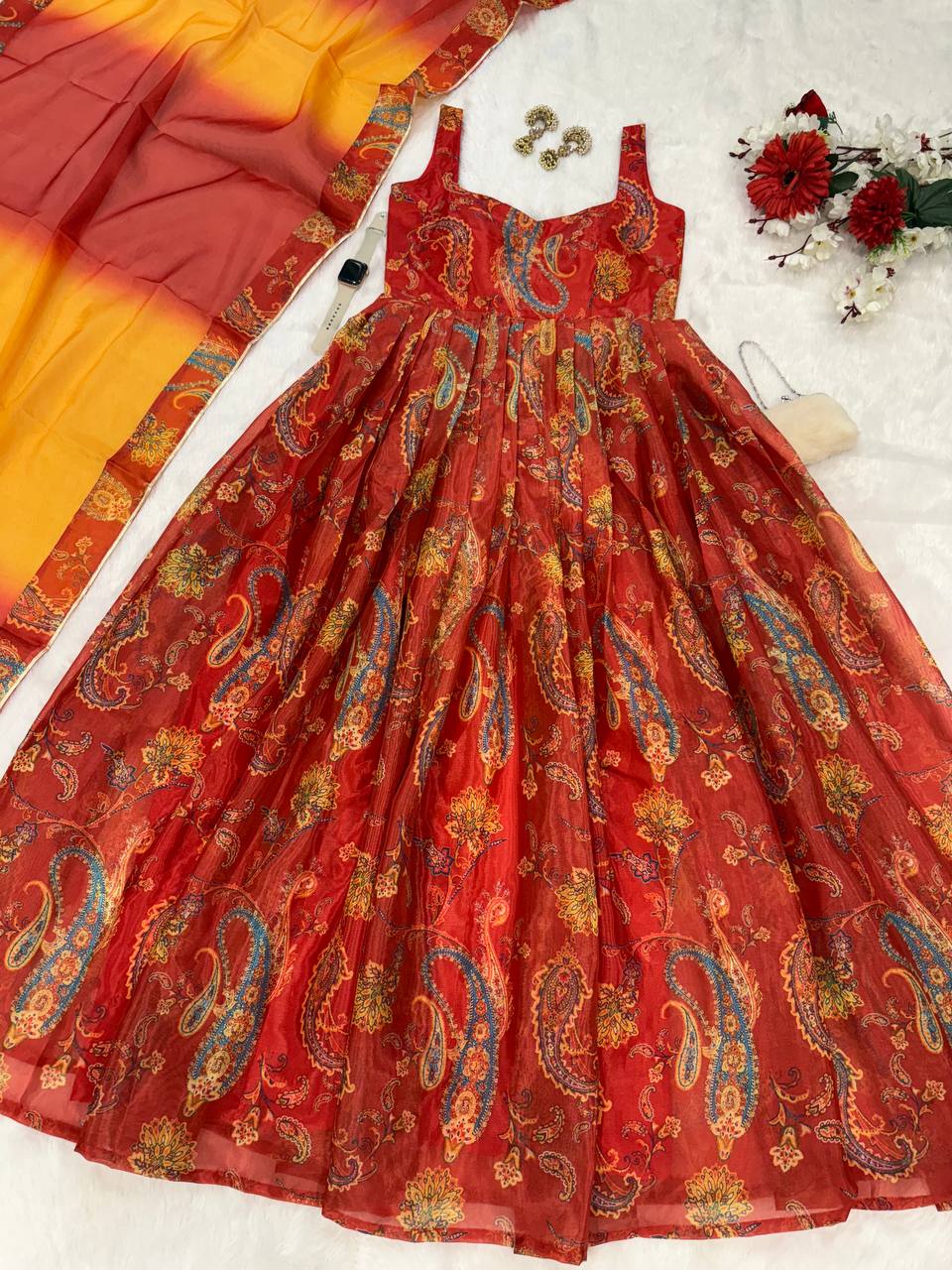 Classy Red Organza Digital Printed Anarkali Gown