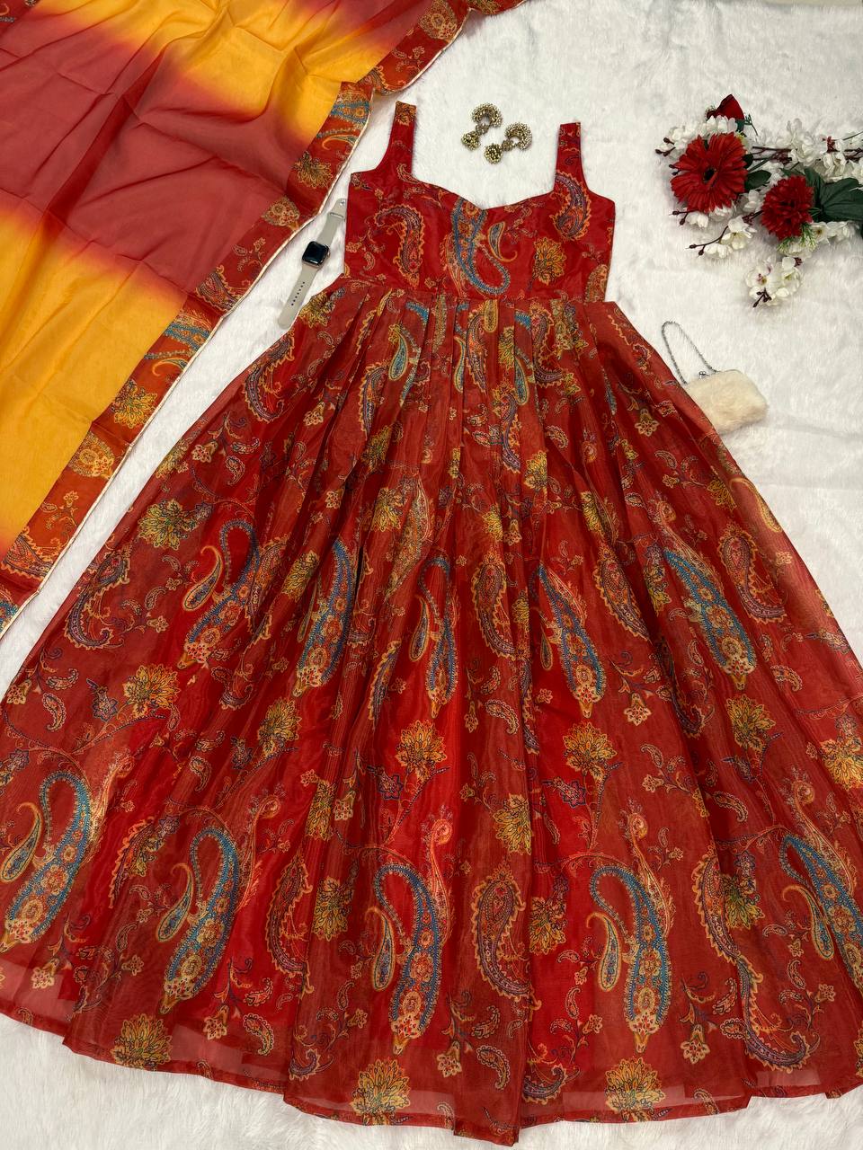 Classy Red Organza Digital Printed Anarkali Gown