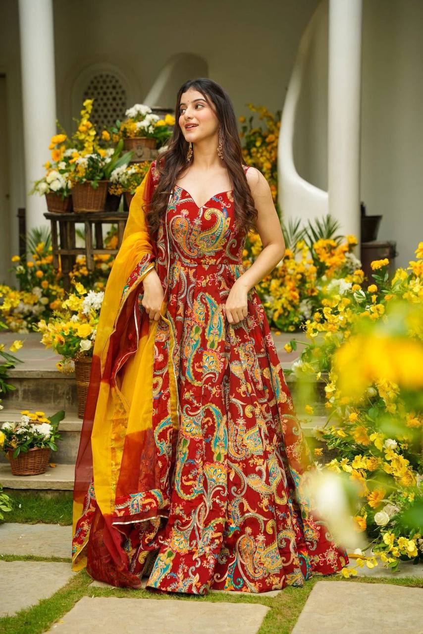 Classy Red Organza Digital Printed Anarkali Gown