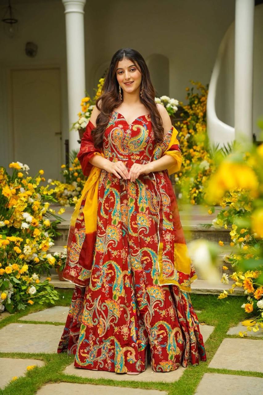 Classy Red Organza Digital Printed Anarkali Gown