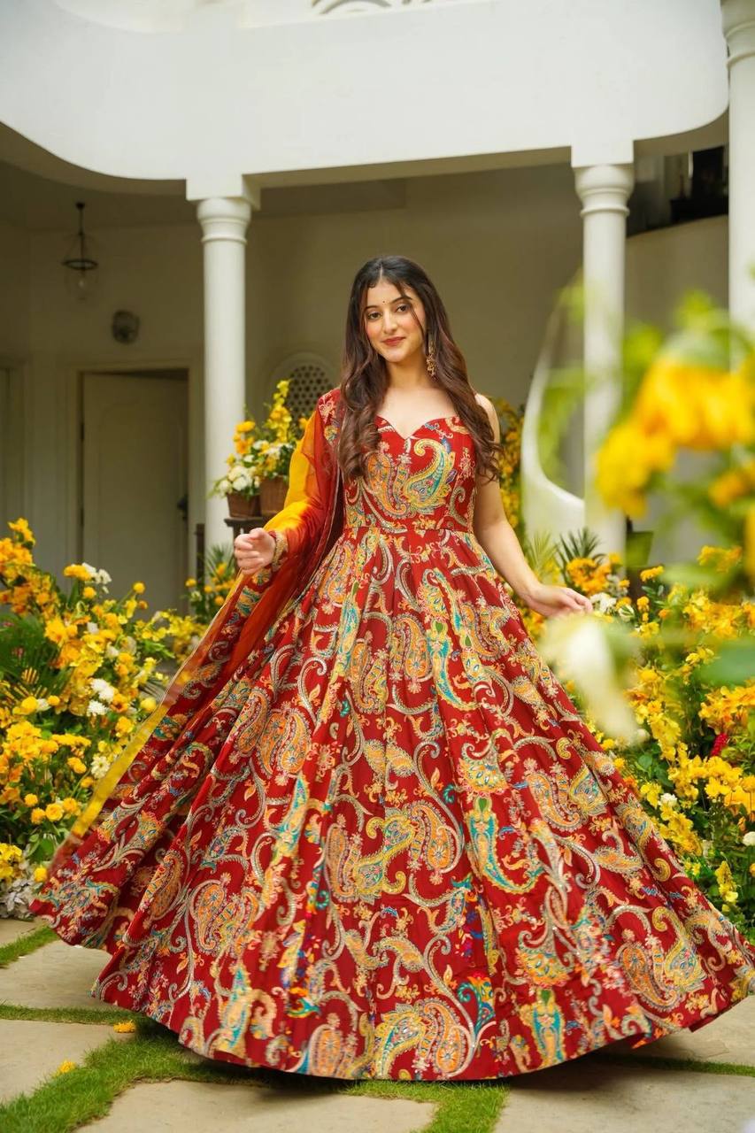 Classy Red Organza Digital Printed Anarkali Gown