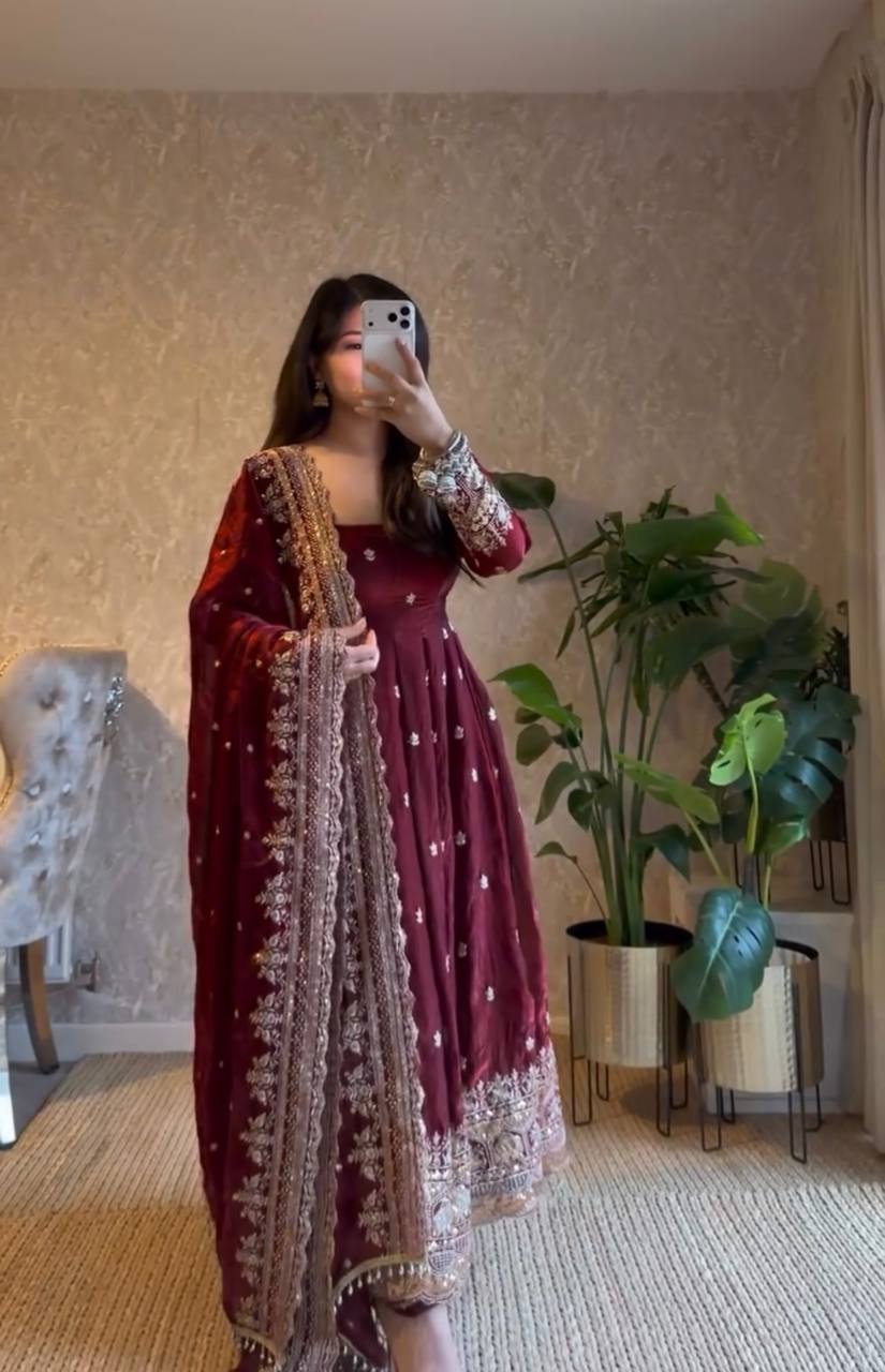 Ravishing Maroon Georgette Embroidery Work Gown