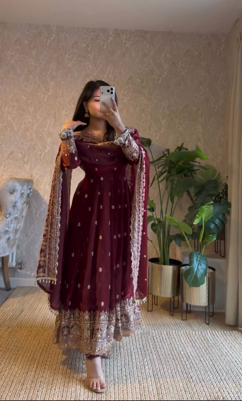 Ravishing Maroon Georgette Embroidery Work Gown