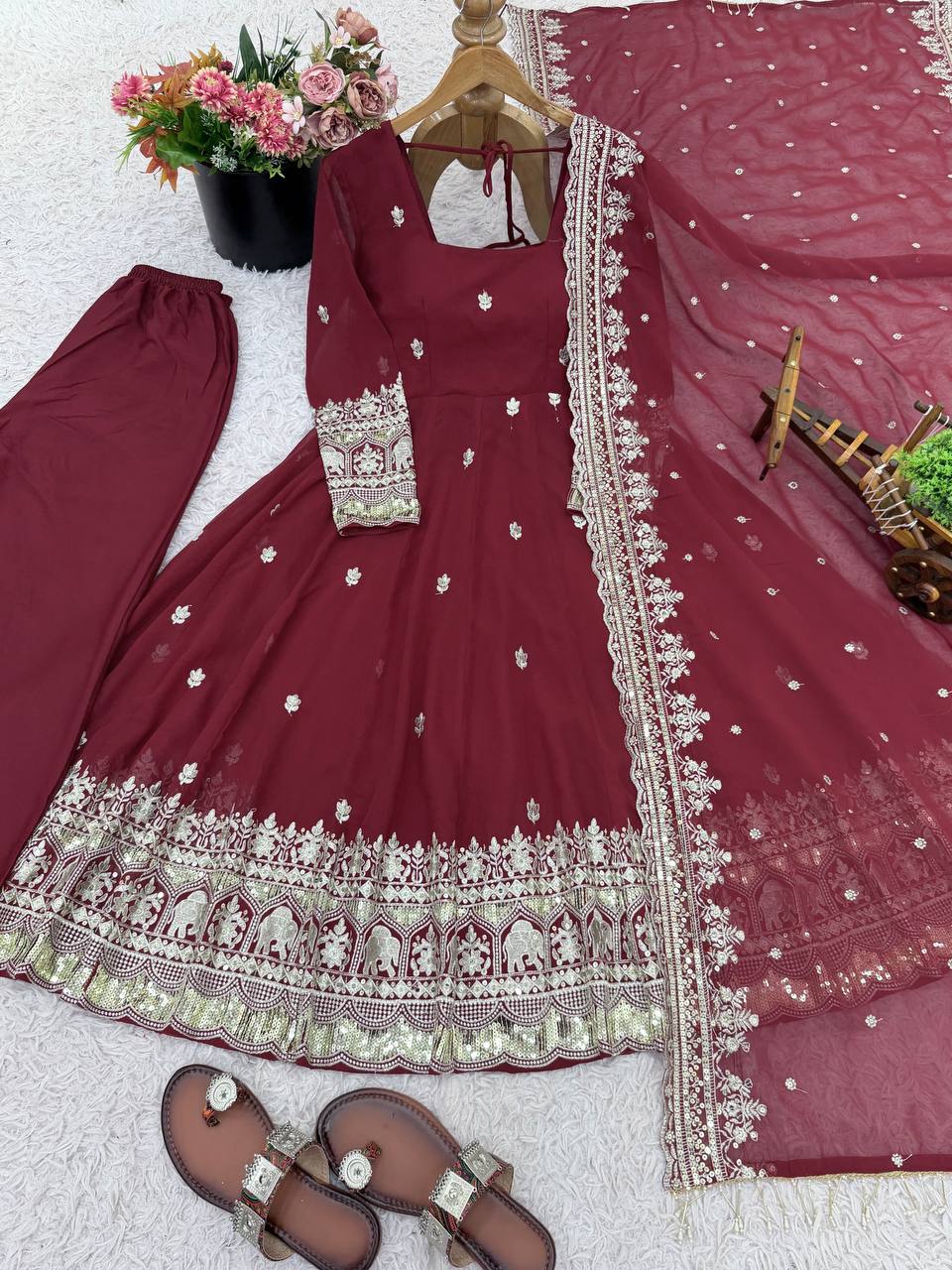 Ravishing Maroon Georgette Embroidery Work Gown