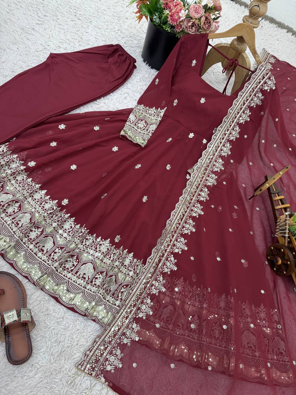 Ravishing Maroon Georgette Embroidery Work Gown