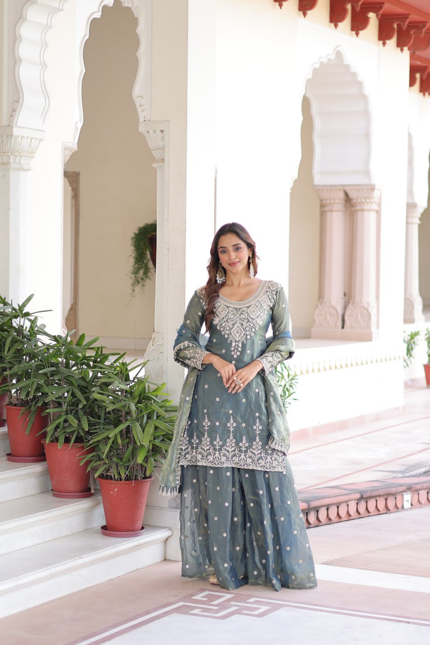 Stylish Green Fendi Silk Coding Work Sharara Suit