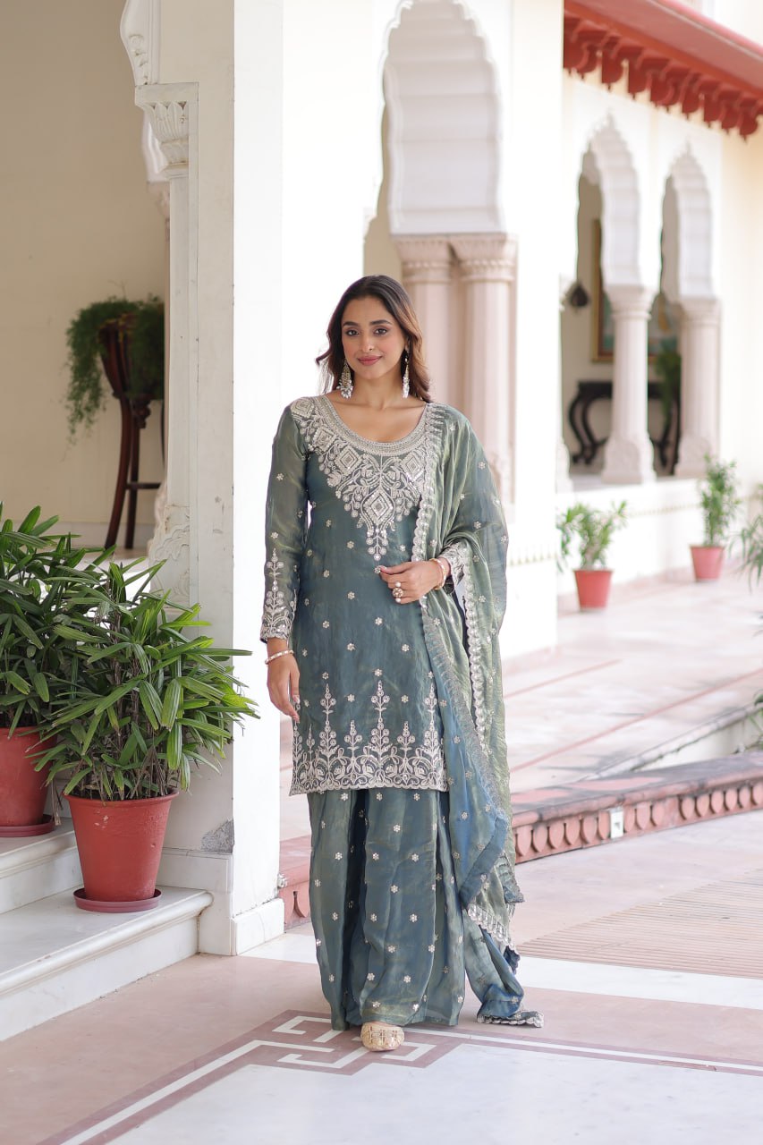 Stylish Green Fendi Silk Coding Work Sharara Suit
