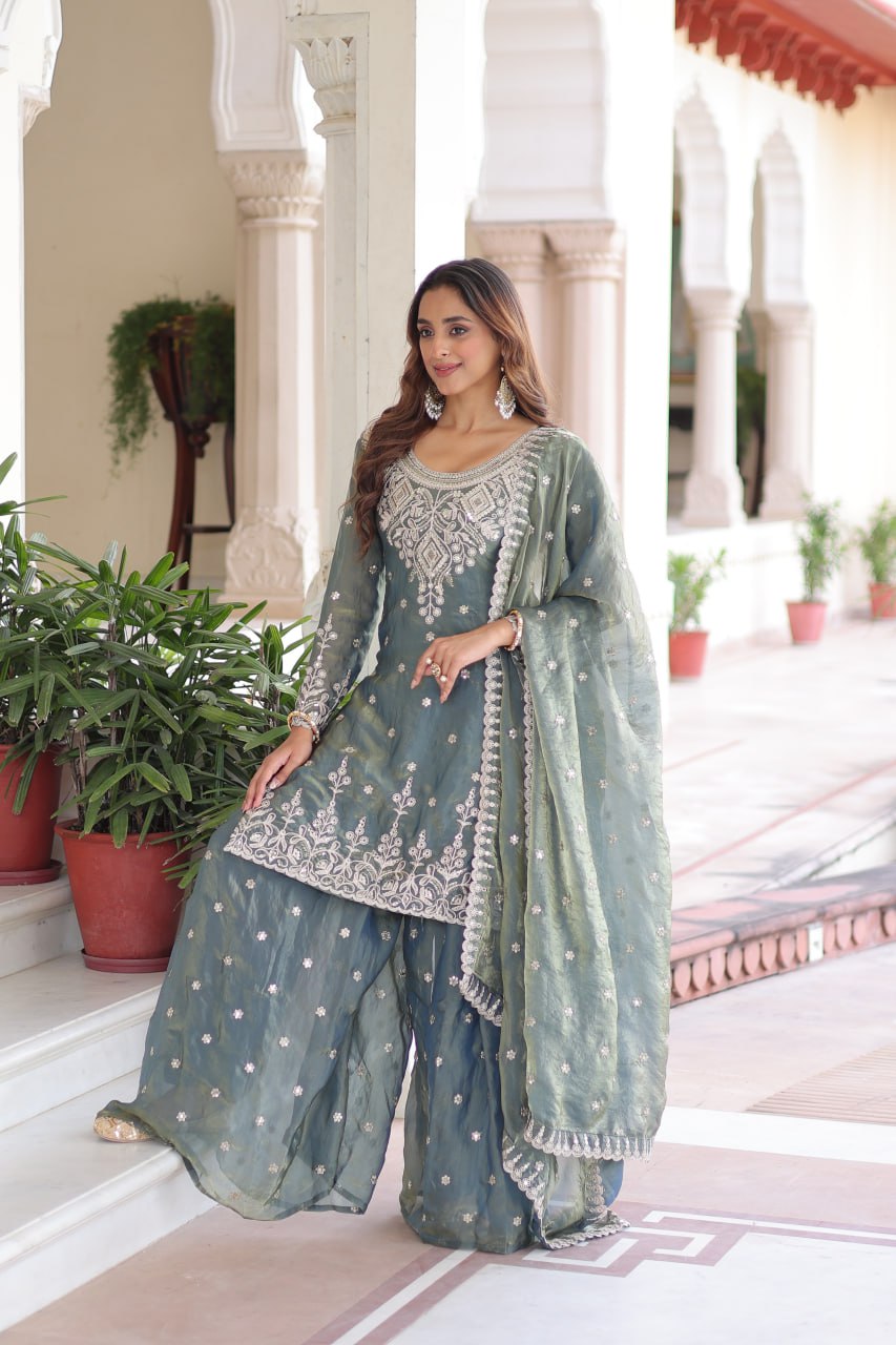 Stylish Green Fendi Silk Coding Work Sharara Suit