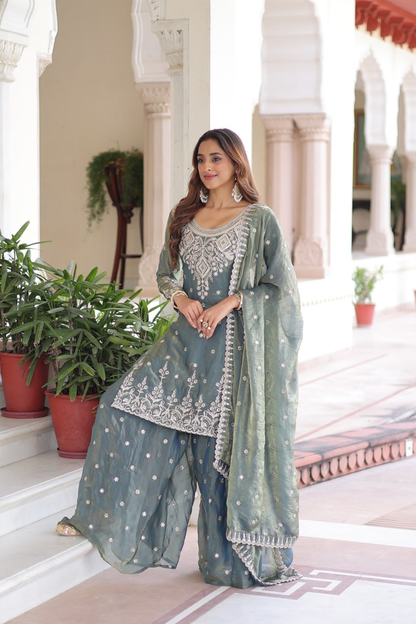 Stylish Green Fendi Silk Coding Work Sharara Suit