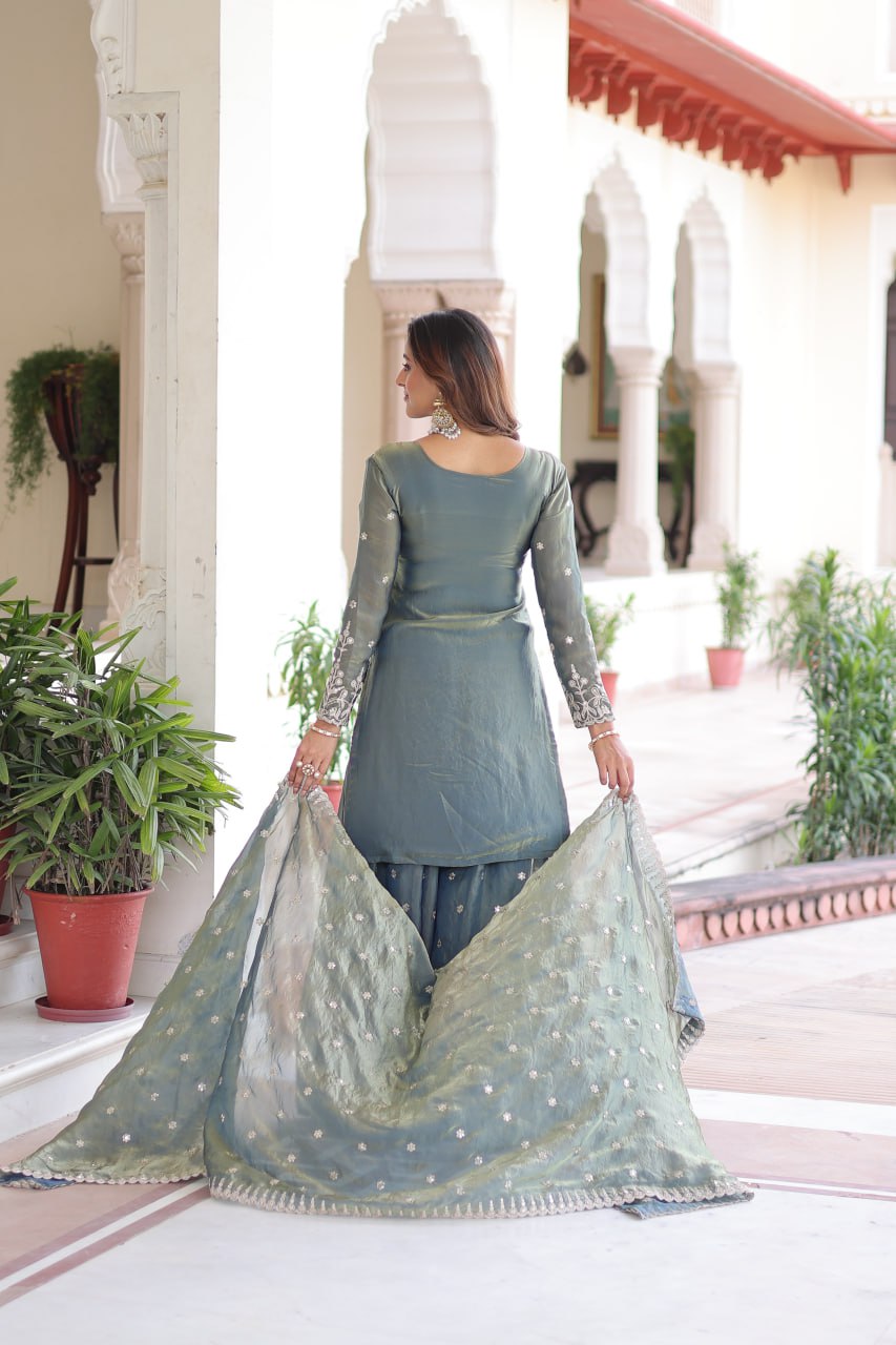 Stylish Green Fendi Silk Coding Work Sharara Suit