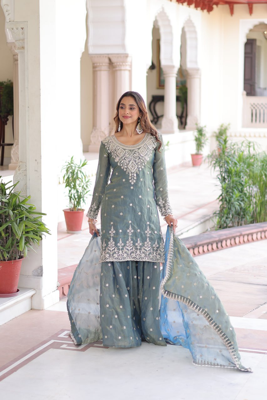 Stylish Green Fendi Silk Coding Work Sharara Suit