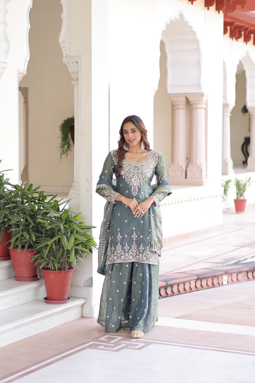 Stylish Green Fendi Silk Coding Work Sharara Suit