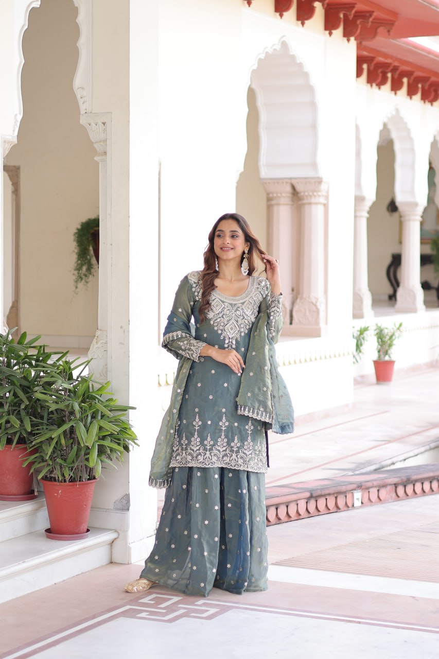 Stylish Green Fendi Silk Coding Work Sharara Suit