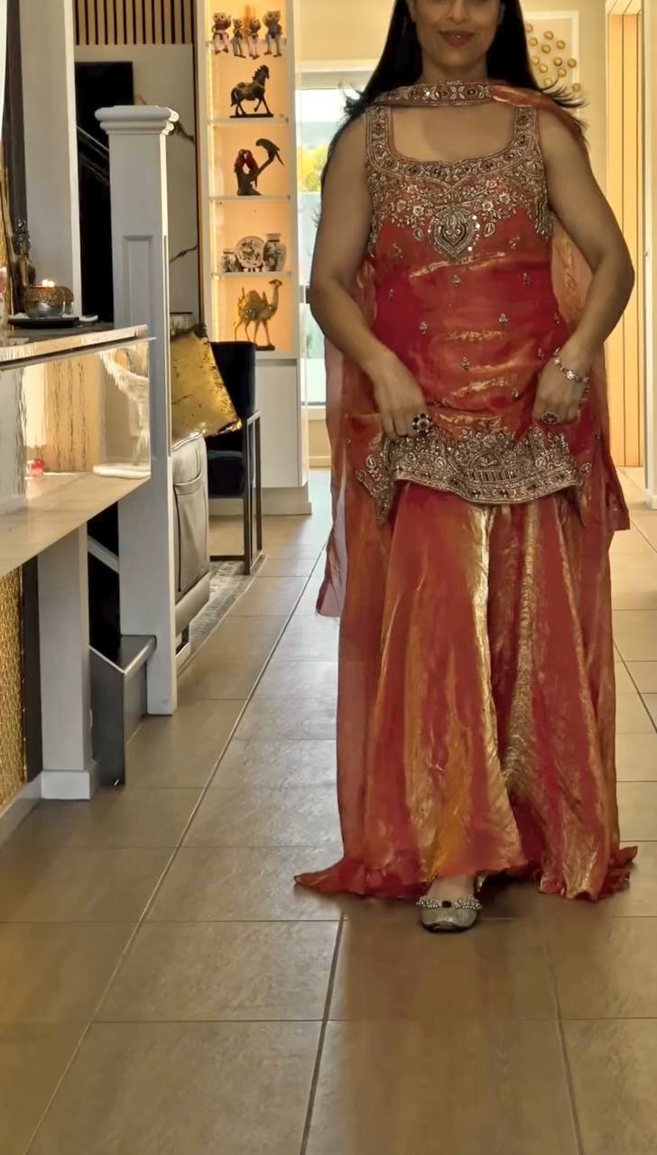 Stylish Orange Silk Embroidery Work Palazzo Suit