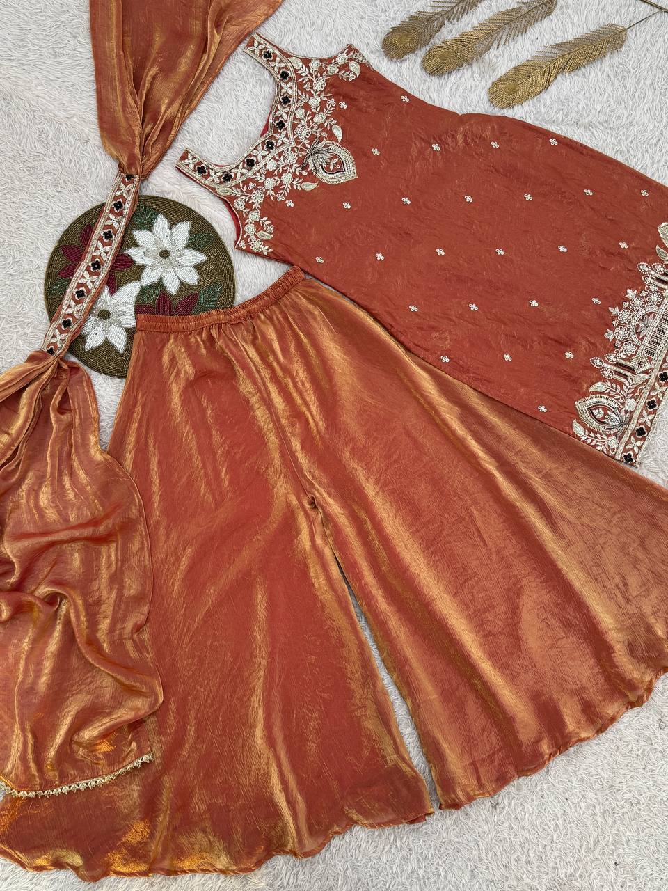 Stylish Orange Silk Embroidery Work Palazzo Suit