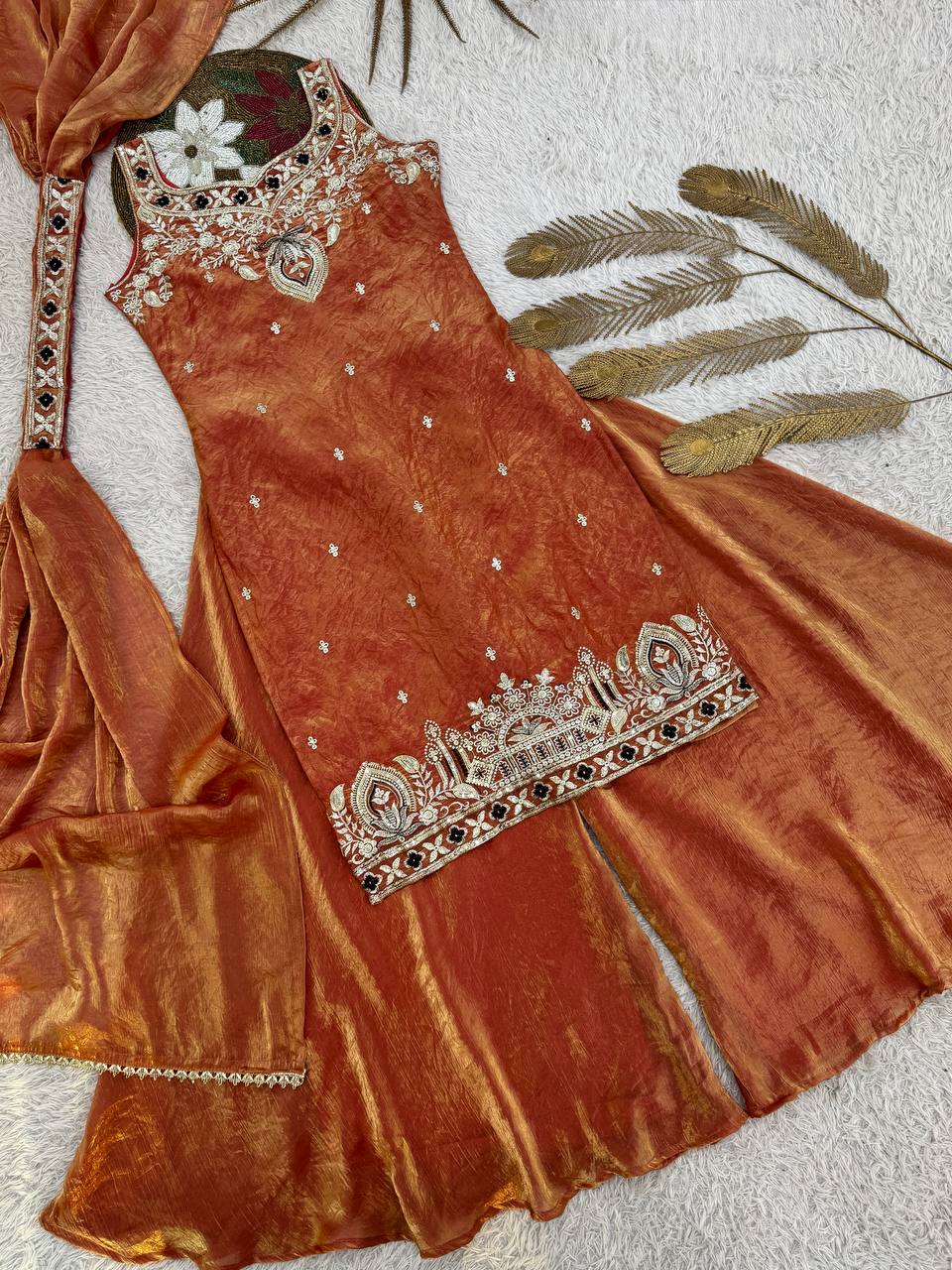 Stylish Orange Silk Embroidery Work Palazzo Suit