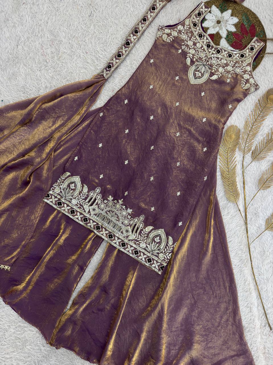 Stylish Orange Silk Embroidery Work Palazzo Suit