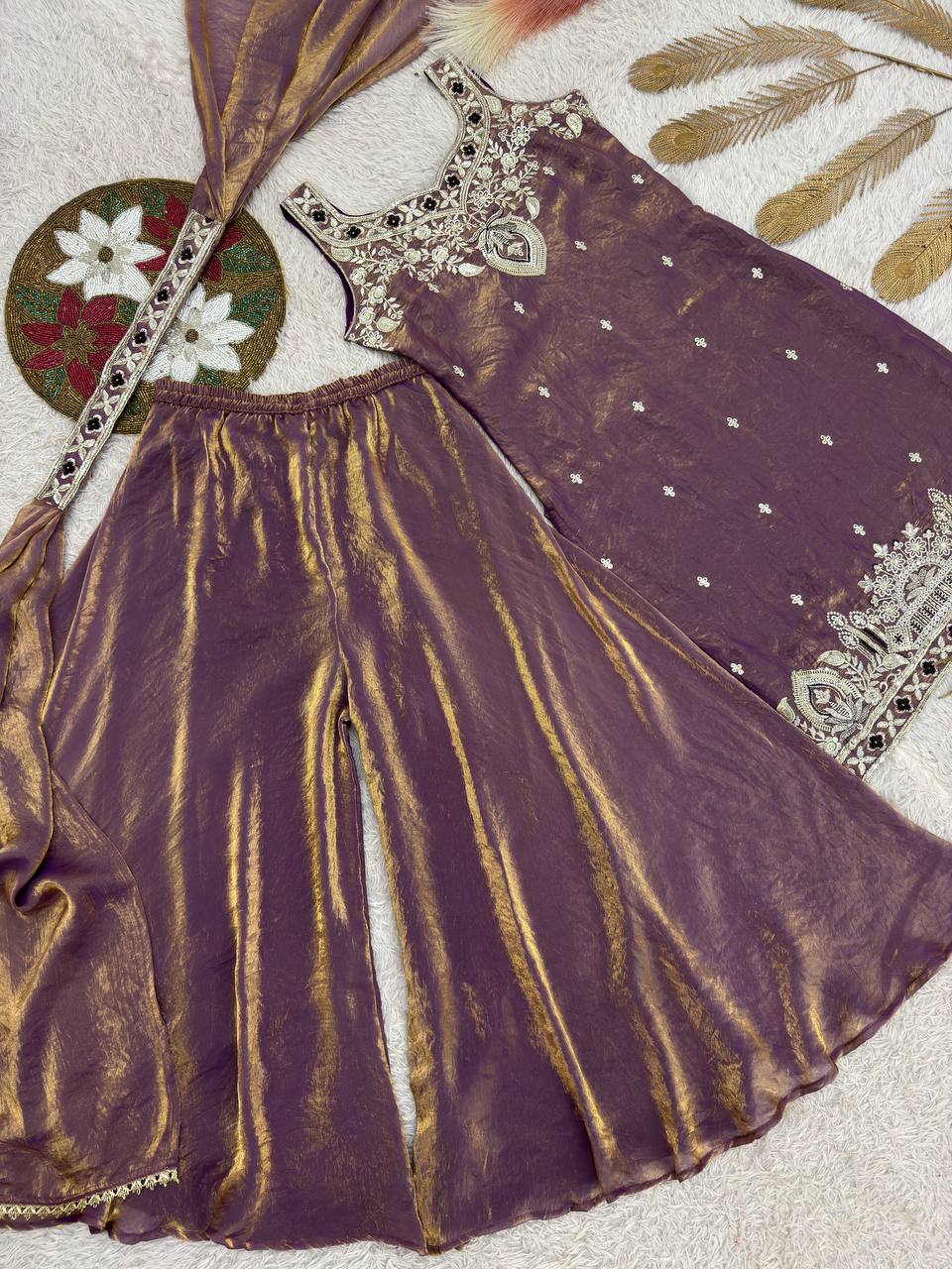 Stylish Orange Silk Embroidery Work Palazzo Suit