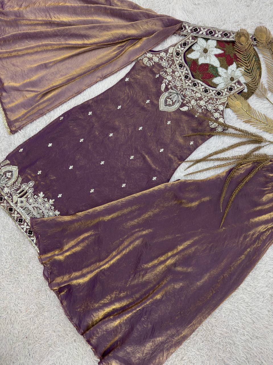 Stylish Orange Silk Embroidery Work Palazzo Suit