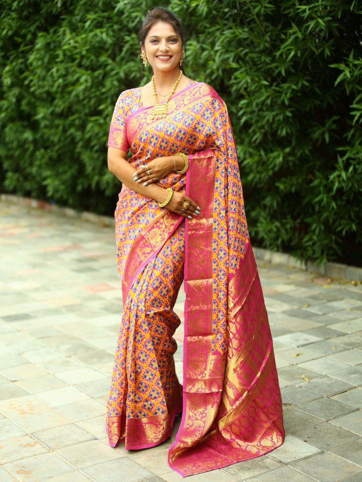 Beautiful Blue With Pink Ajrakh Zari Weaving Saree
