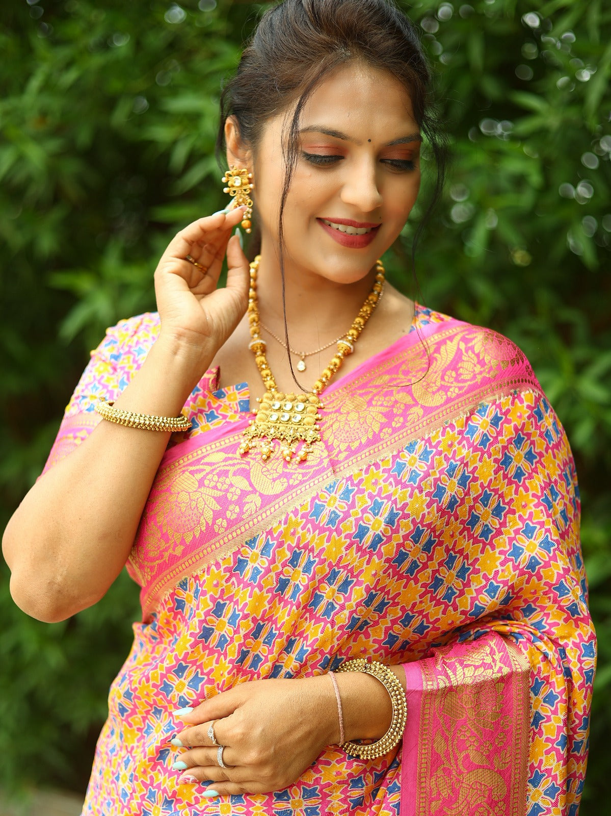 Beautiful Blue With Pink Ajrakh Zari Weaving Saree