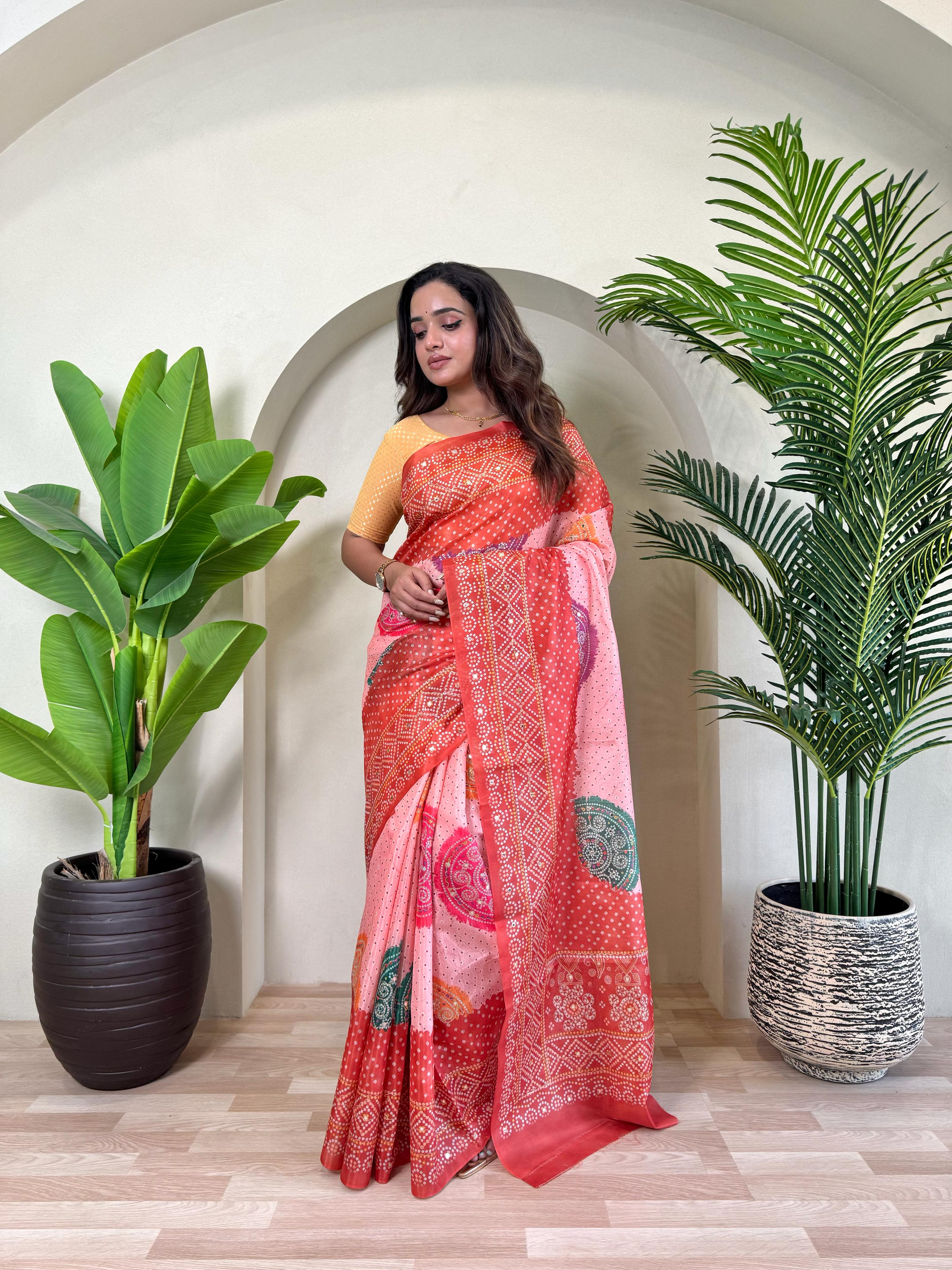 Multi Design Bandhani Print Red Color Exclusive Saree
