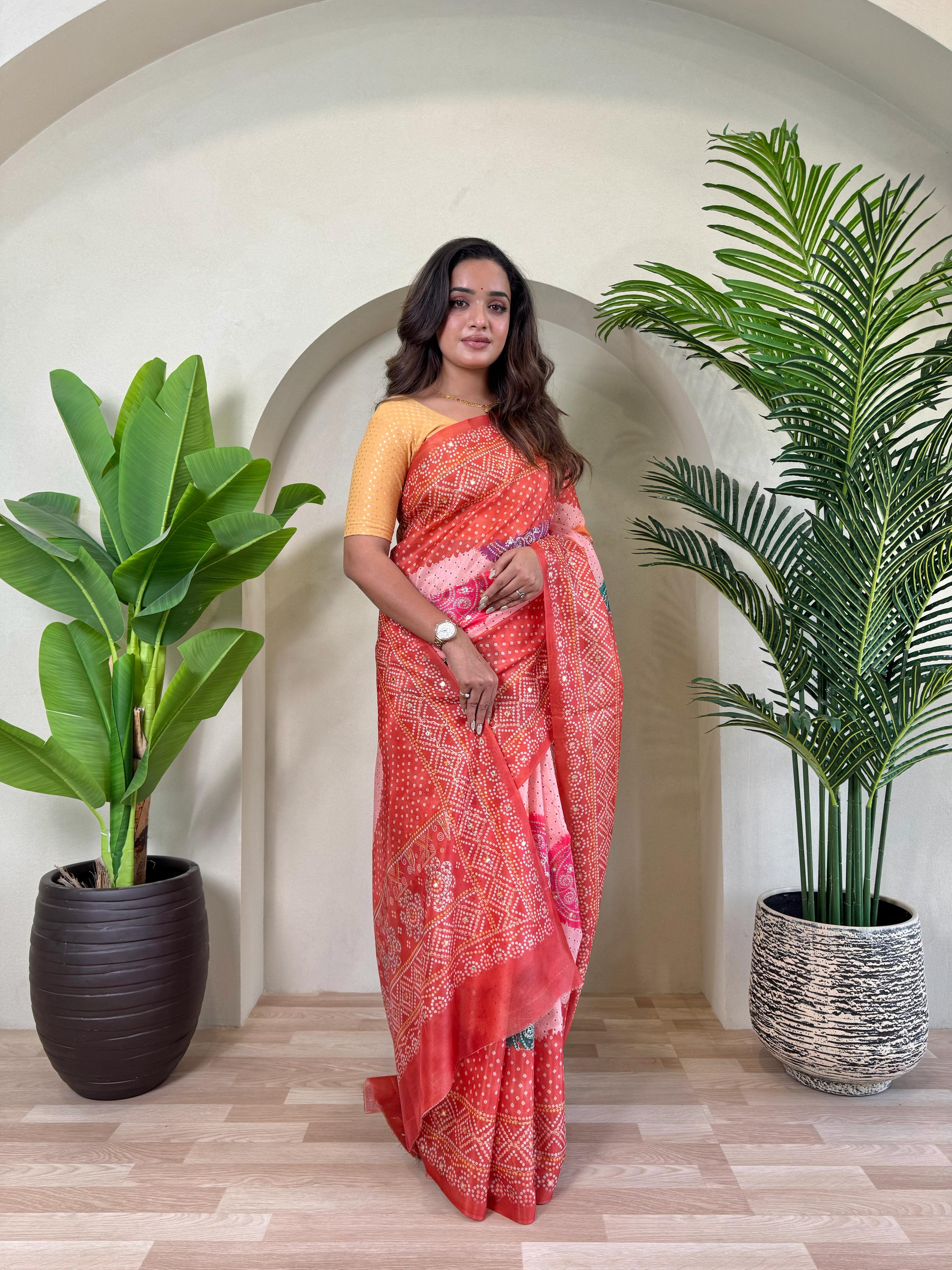 Multi Design Bandhani Print Red Color Exclusive Saree