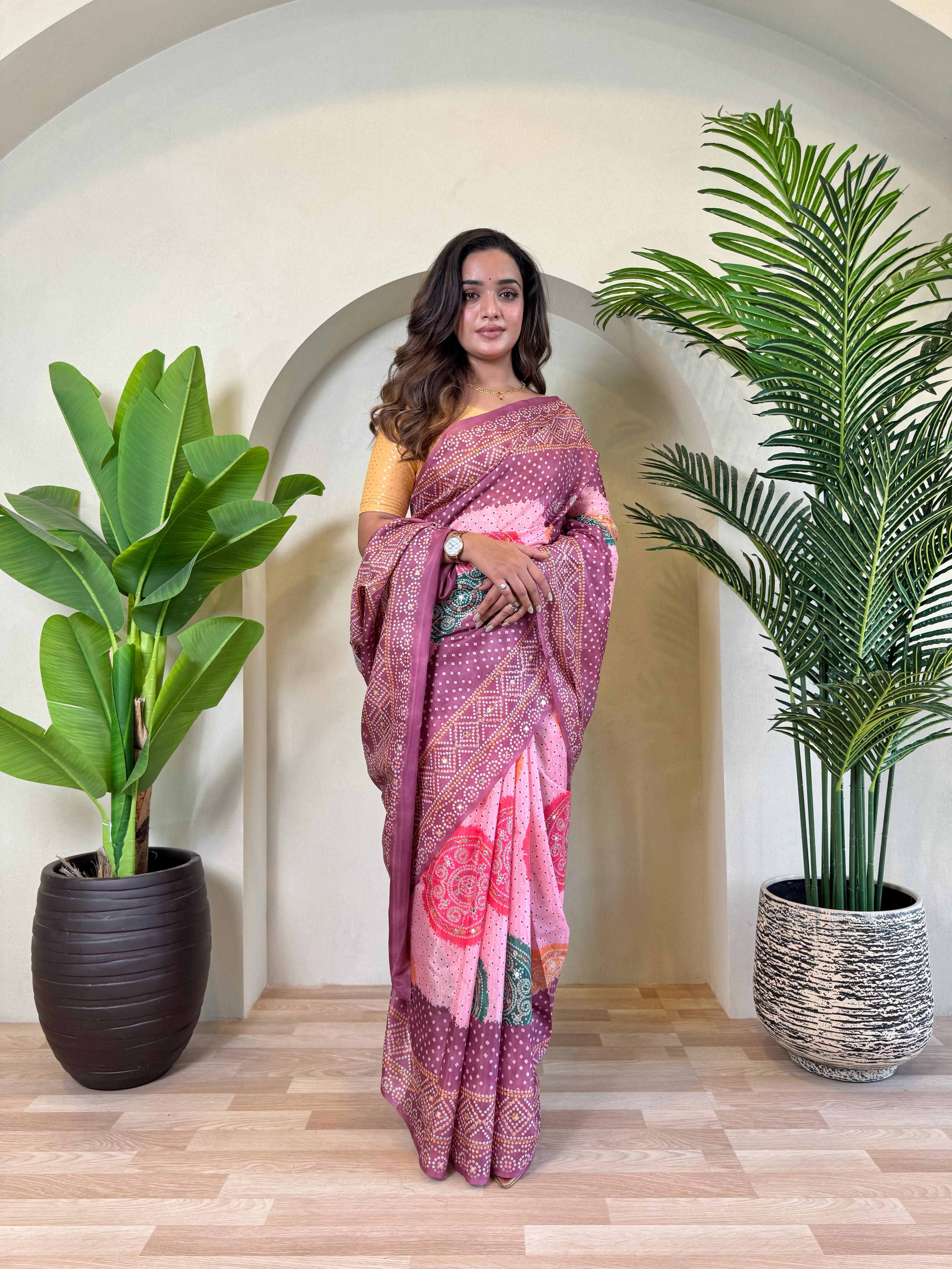 Multi Design Bandhani Print Wine Color Exclusive Saree