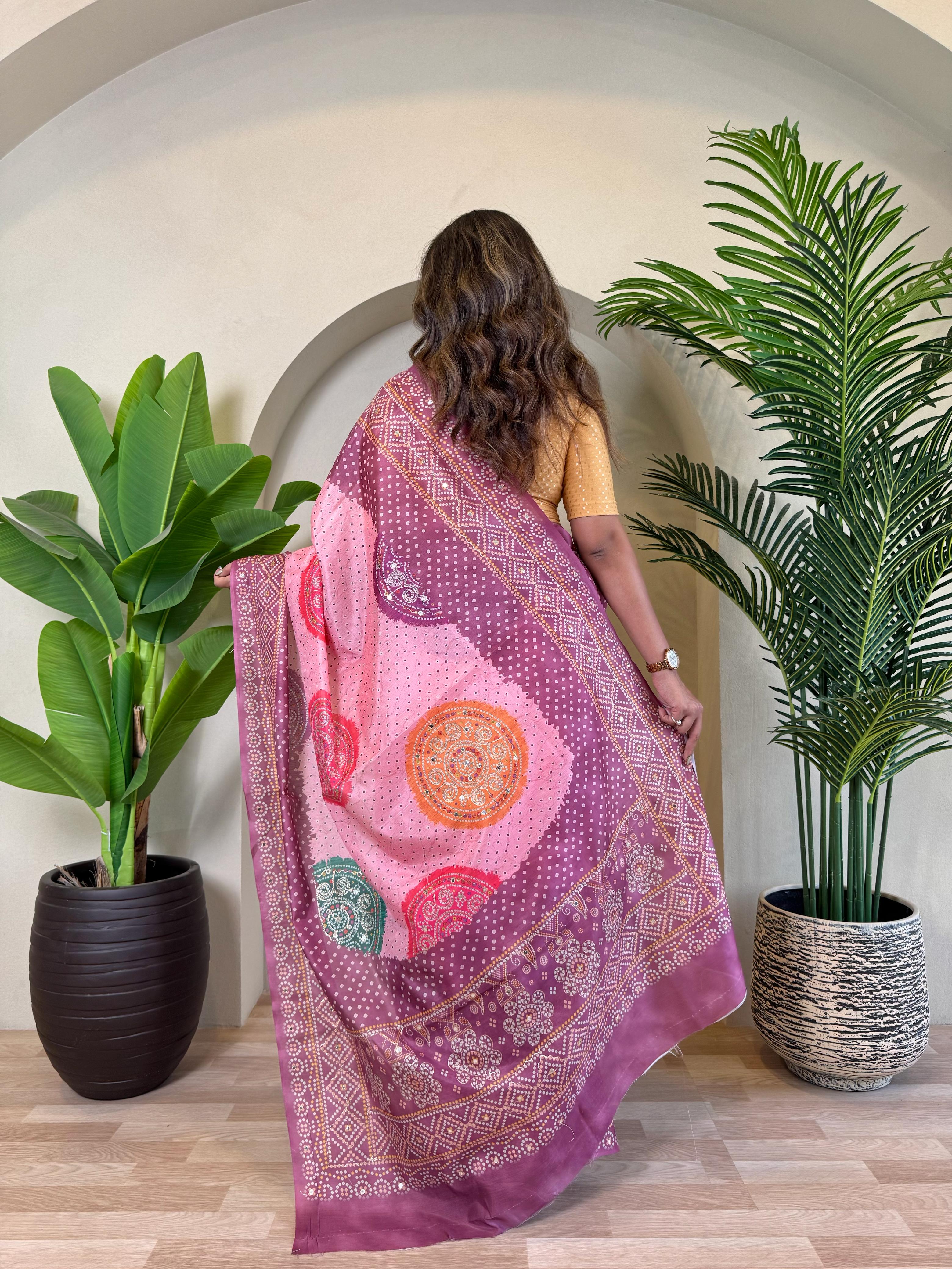 Multi Design Bandhani Print Wine Color Exclusive Saree
