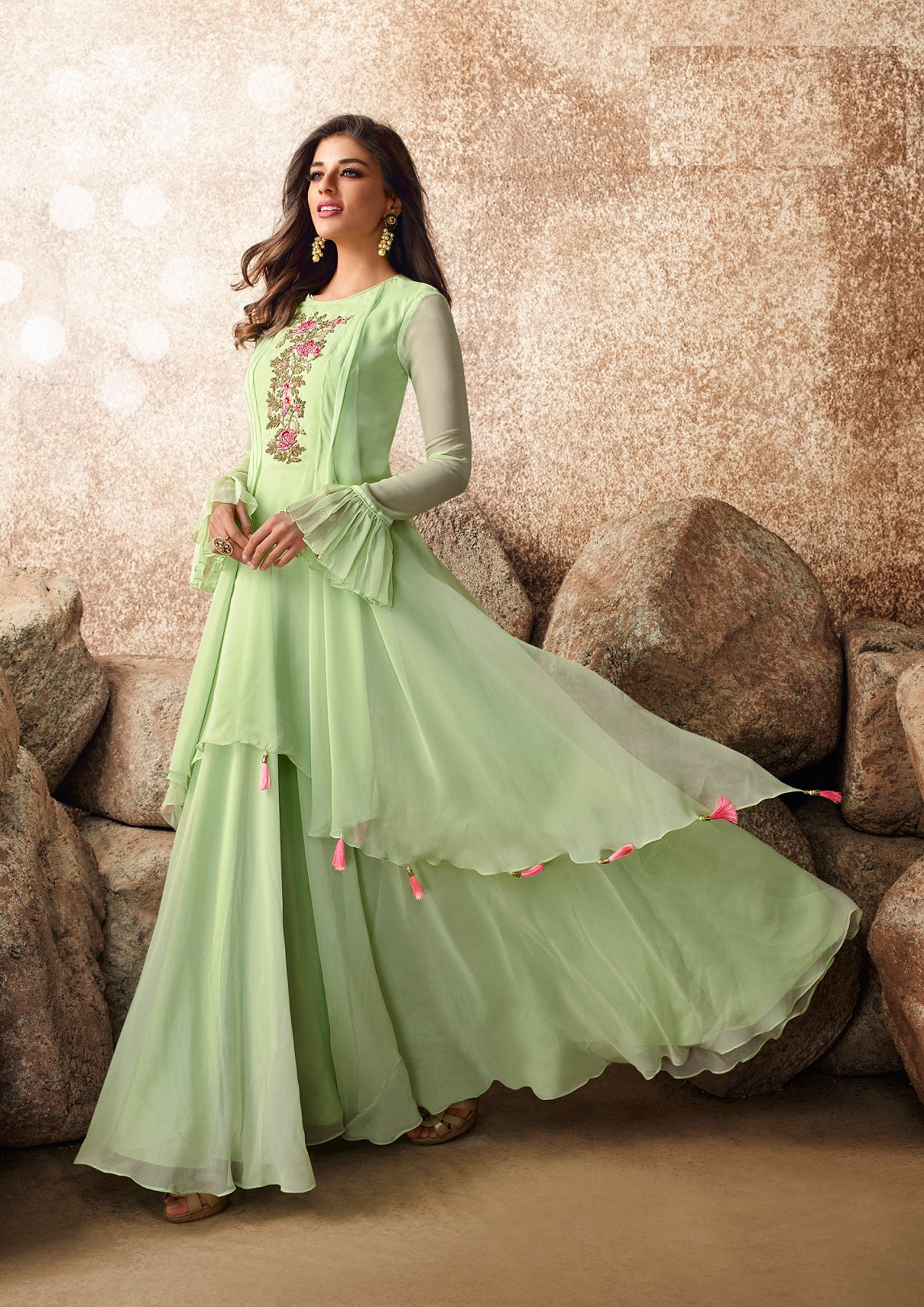 Fancy Pista Color Embroidered Work Georgette Gown