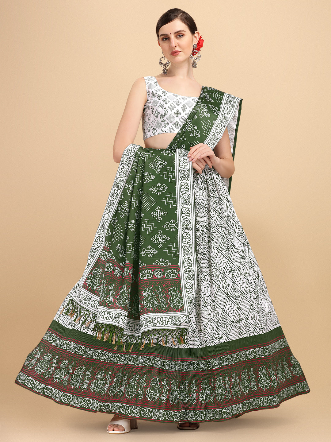 Glorious White & Green Color Digital Printed Crushed Lehenga Choli