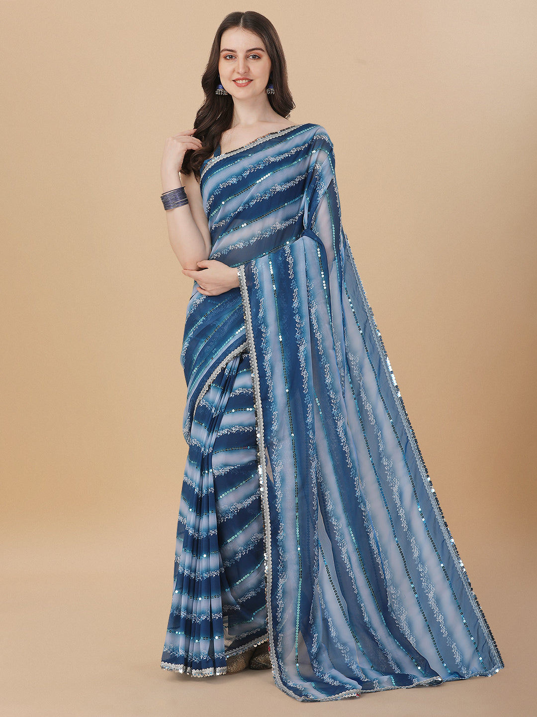 Blue Color Sequence Work Printed Stylish Saree